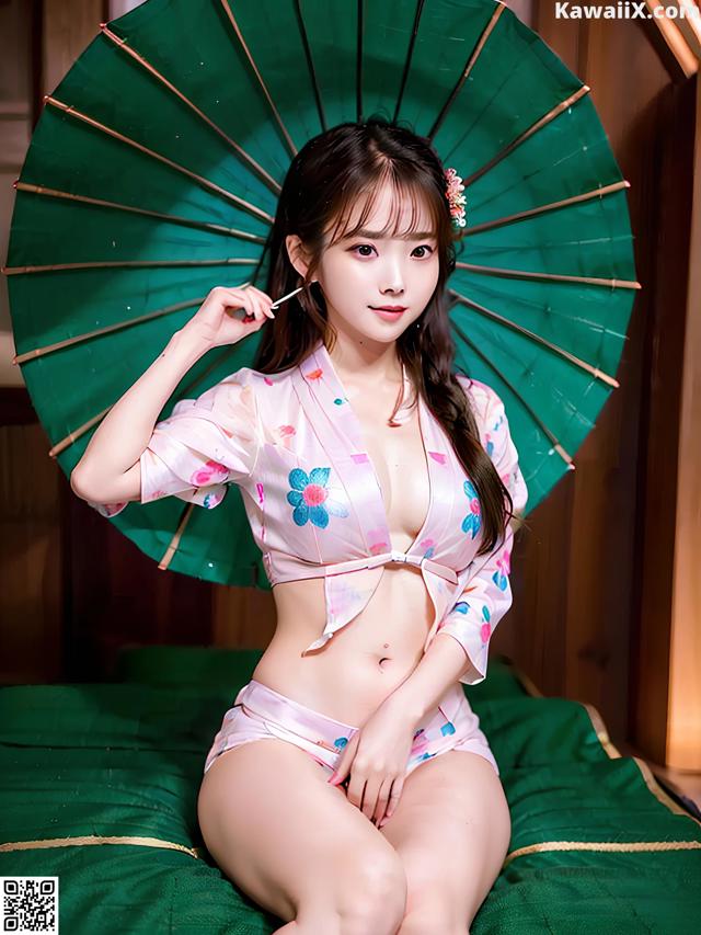 A woman in a pink kimono sitting on a bed holding an umbrella.
