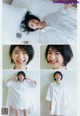 A collage of photos of a woman in a white shirt.