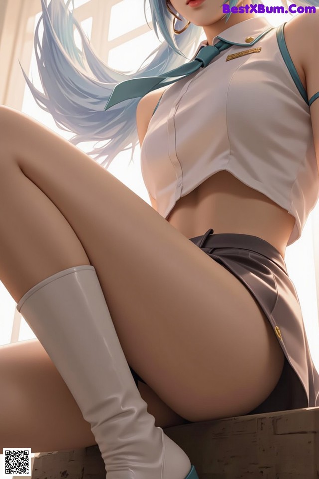 A woman with long blue hair sitting on a window sill.